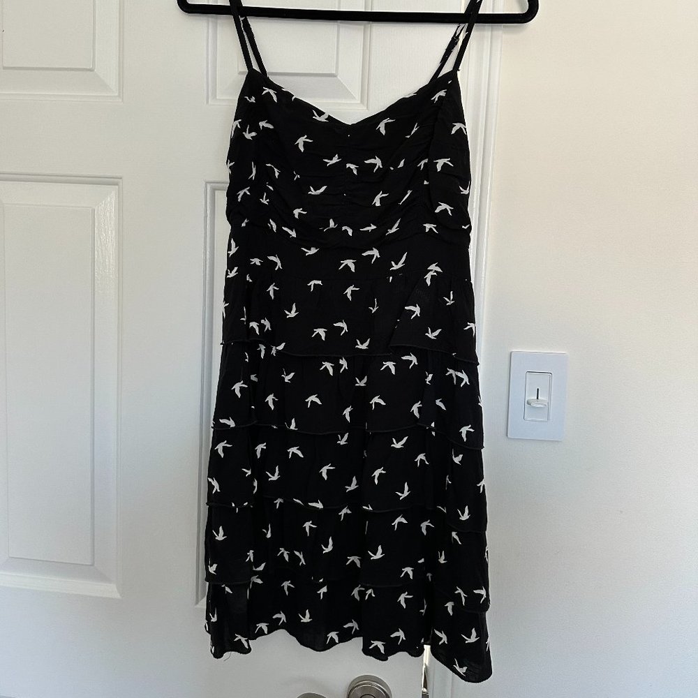DYNAMITE Black Ruffle Dress with Bird Pattern